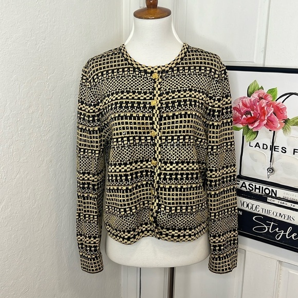 St. John Sweaters - Vintage St. John by Marie Gray Gold & Black Sequins Cardigan Size S